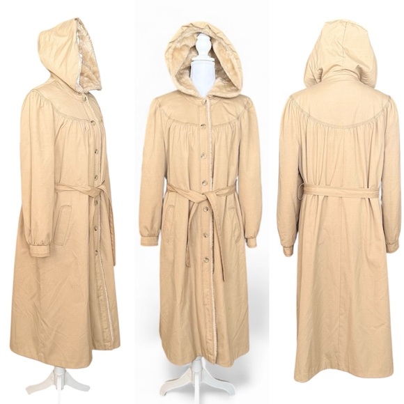 Unique Vintage Trench Coat Faux Fur Lined Hooded Belted USA S Small M Medium